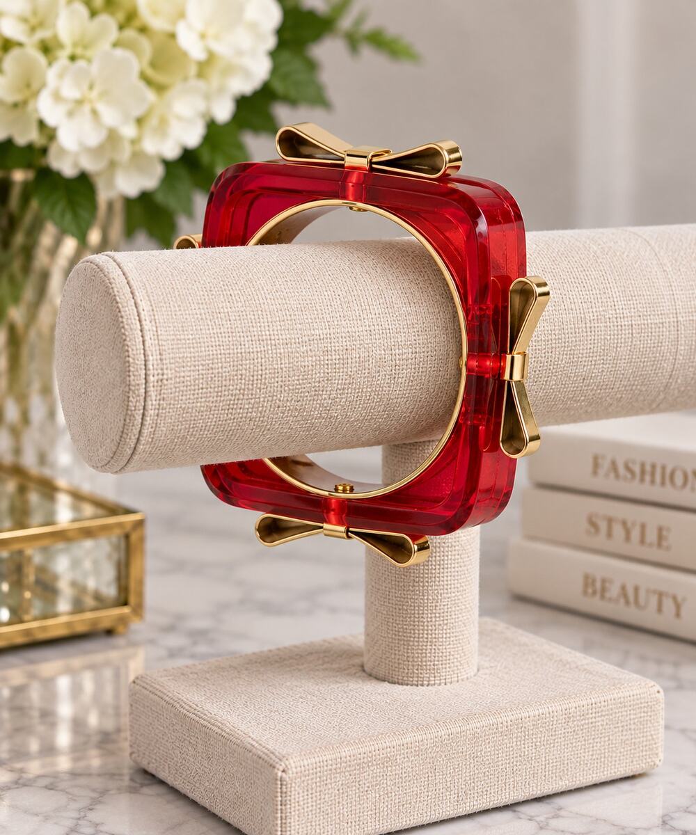 Ted Baker Red Lucite Square Bangle Bracelet Gold Bow Statement Jewelry Holiday